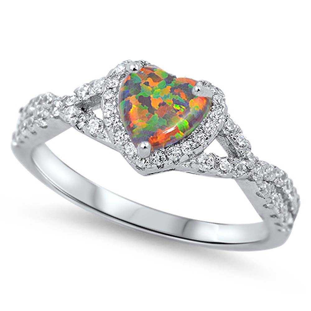 Sterling Silver Heart Shaped Black Lab Opal Ring CZ Stones
