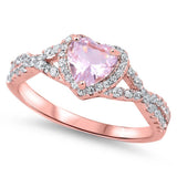 Sterling Silver Rhodium Plated Pink Morganite Heart Shaped Clear CZ Ring, Face Height 8mm