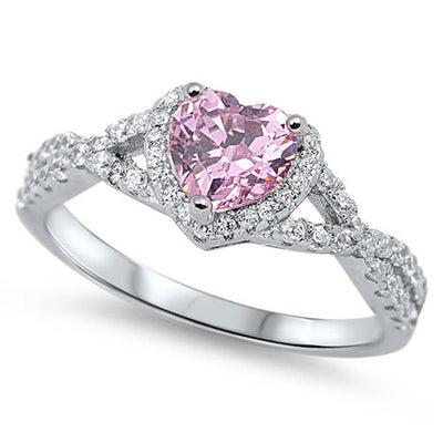 Sterling Silver Pink Heart Stone Decorated with Clear CZ Stones Ring, Face Height of 8MM