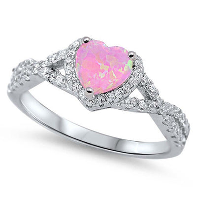 Sterling Silver Heart Pink Lab Opal Rings with CZ Stones, Face Height 8mm