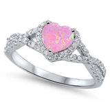 Sterling Silver Heart Pink Lab Opal Rings with CZ Stones, Face Height 8mm
