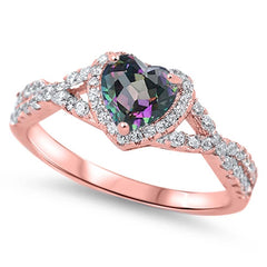 Sterling Silver Heart Shaped Rainbow Topaz Color And Clear CZ RingAnd Face Height 8mm