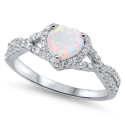 Sterling Silver White Lab Opal Heart with Clear CZ Ring, Face Height of 8MM