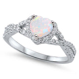 Sterling Silver White Lab Opal Heart with Clear CZ Ring, Face Height of 8MM