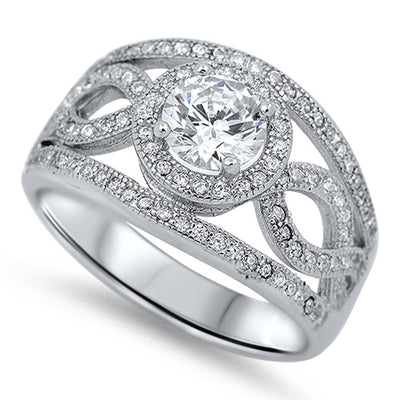 Sterling Silver Elegant Design Open Inifinity Design with Halo and Round Clear Cz Center Wide Band RingAnd Face Height of 12MM