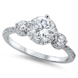 Sterling Silver Stylish Three Solitaire Prong Round Clear Cz with Halo Clear Cz Inlay RingAnd Face Height of 8MM