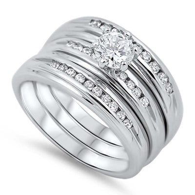 Sterling Silver Bridal Set with Clear Round Solitaire CZ on 6 Prong Setting, Band Width of 2MM and Center Stone Size of 5MM