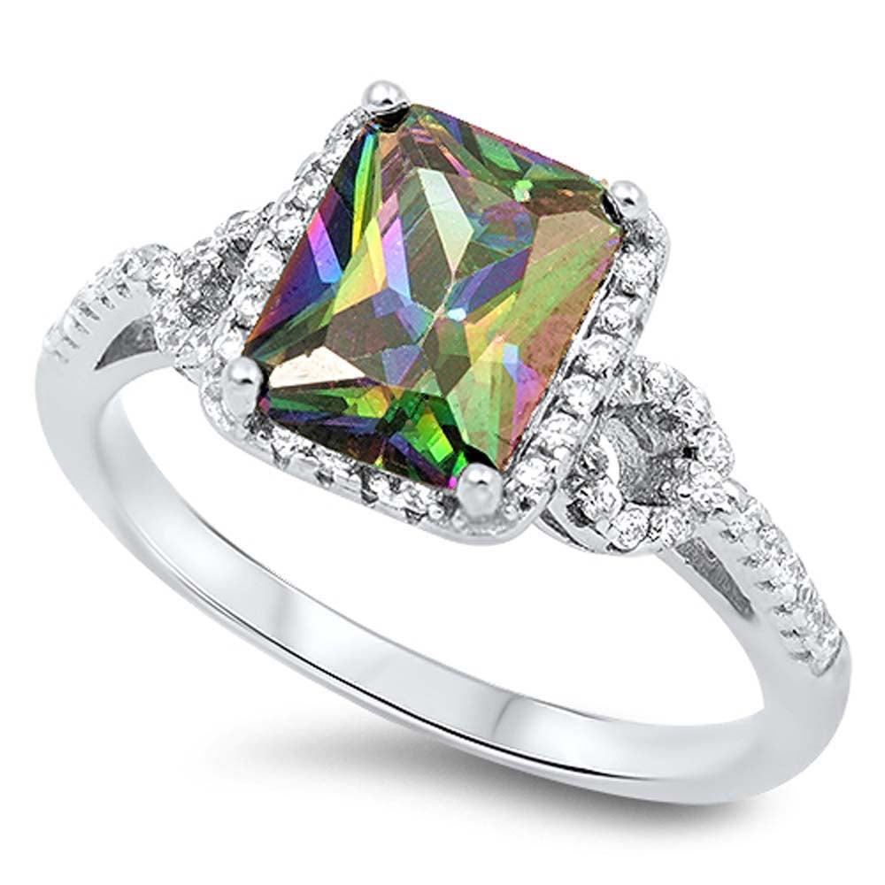 Sterling Silver Rectangle Shaped Rainbow Topaz And Clear CZ RingAnd Face Height 10mm