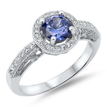 Load image into Gallery viewer, Sterling Silver Classy Solitaire Round Tanzanite Cz with Halo Clear Cz RingAnd Face Height of 10MM