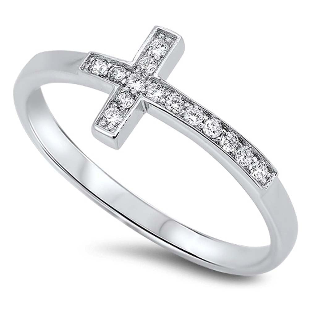 Sterling Silver Sideway Cross Design with Clear Cz Ring, Face Height of 8MM