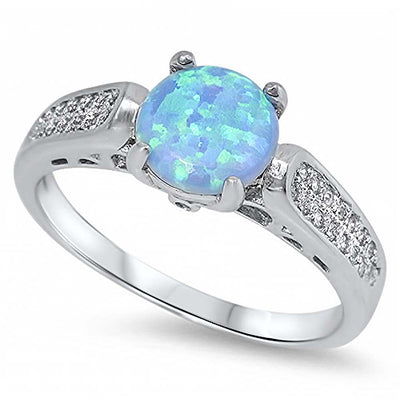 Sterling Silver Solitaire Round Blue Opal with Clear Cz RingAnd Face Height of 7MM