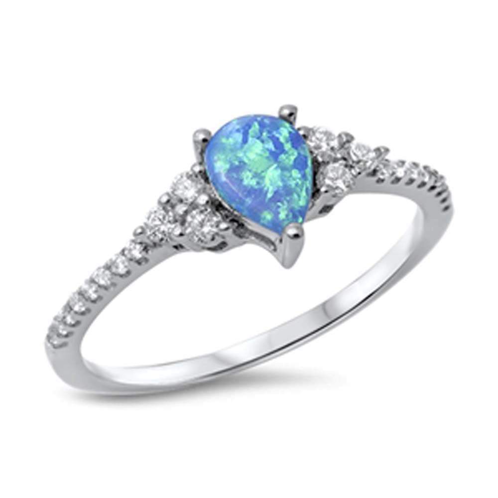 Sterling Silver Stylish Pear-Shaped Cut Blue Lab Opal with Round Cut Clear CZ Ring, Face Height of 7MM