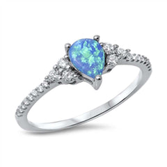 Sterling Silver Stylish Pear-Shaped Cut Blue Lab Opal with Round Cut Clear CZ Ring, Face Height of 7MM