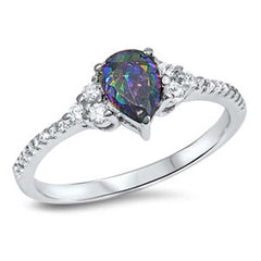 Sterling Silver Modish Pear shape Rainbow Topaz CZ with Inlay Round Clear CZ Ring, Face Height of 7MM