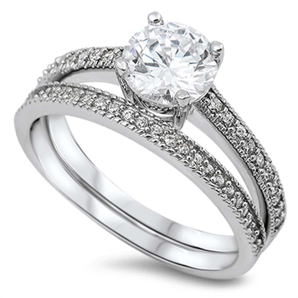 Sterling Silver Bridal Set Eternity Band with Pave CZ and Centered Clear Round Solitaire CZ on Four Prong Setting, Band Width of 2MM and Center Stone Size of 7MM