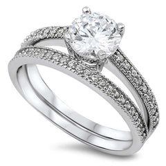 Sterling Silver Bridal Set Eternity Band with Pave CZ and Centered Clear Round Solitaire CZ on Four Prong Setting, Band Width of 2MM and Center Stone Size of 7MM