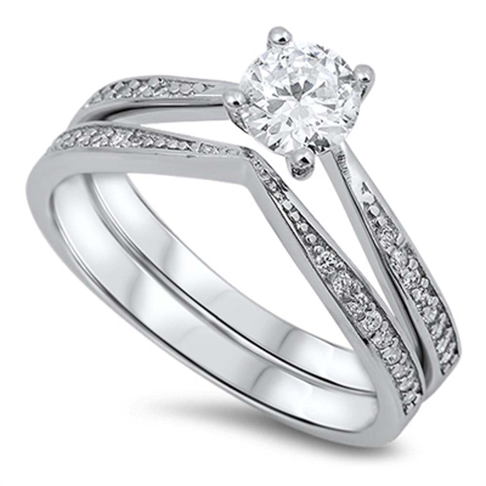 Sterling Silver Bridal Set Chevron Band Set with Pave Simulated Diamond and Centered  Clear Round Solitaire Simulated Diamond on Four Prong SettingAnd Bnd Width of 2MM and Center Stone Size of 5MM