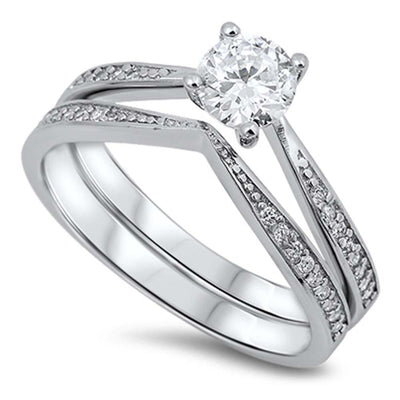 Sterling Silver Bridal Set Chevron Band Set with Pave Clear Round Solitaire CZ on Four Prong Setting And Bnd Width of 2MM and Center Stone Size of 5MM
