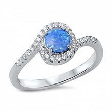 Load image into Gallery viewer, Sterling Silver Swirl Band Ring Inlaid with Clear Czs and Centered Round Cut Blue Lab Opal StoneAnd Face Height of 9MM