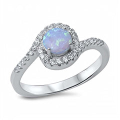 Sterling Silver Swirl Band Ring Inlaid with Clear Czs and Centered Round Cut Light Blue Lab Opal StoneAnd Face Height of 9MM