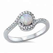 Load image into Gallery viewer, Sterling Silver Swirl Band Ring Inlaid with Clear Czs and Centered Round Cut White Lab Opal Stone, Face Height of 9MM