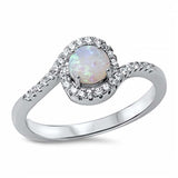 Sterling Silver Swirl Band Ring Inlaid with Clear Czs and Centered Round Cut White Lab Opal Stone, Face Height of 9MM