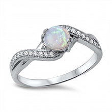 Load image into Gallery viewer, Sterling Silver Twisted Eternity Band Ring Inlaid with Clear Czs and Centered Round Cut White Lab Opal StoneAnd Face Height of 7MM
