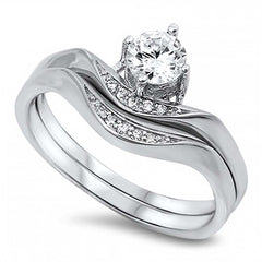 Sterling Silver Bridal Set Chevron Band Inlaid with Pave CZ and Clear Round Solitaire CZ on Prong Setting, Band Width of 1.5MM and Stone Size of 5MM
