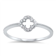 Sterling Silver Trendy Open Clover Flower Design Inlaid with Clear Czs Fancy Band RingAnd Face Height of 7MM