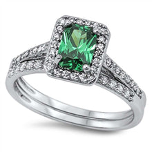Load image into Gallery viewer, Sterling Silver 2-Pieces Engagement Ring Embedded with Clear Czs and Centered Solitaire Radiant Cut Emerald Cz with Paved Halo Setting And Band Width of 2MM