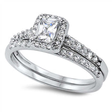Load image into Gallery viewer, Sterling Silver Classy 2-Pieces Engagement Ring Inlaid with Clear Czs and Centered Princess Cut Clear Cz with Paved Halo SettingAnd Band Width of 2MM