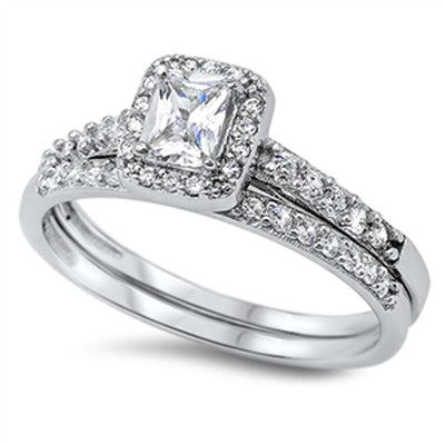 Sterling Silver 2-Pieces Engagement Ring Inlaid with Clear Czs and Centered Princess Cut Clear Cz with Paved Halo SettingAnd Band Width of 2MM