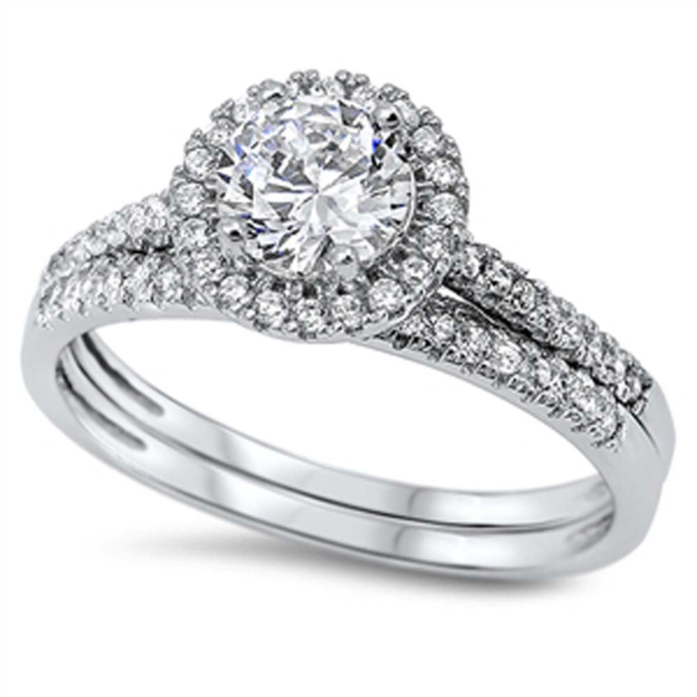 Sterling Silver Circle Shaped Cubic Zirconia Wedding Ring SetsAnd Width Of Two Rings 2mmAnd Face Height 9mm
