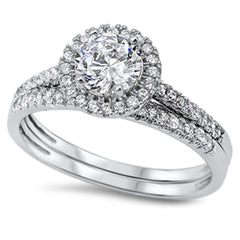 Sterling Silver Circle Shaped Cubic Zirconia Wedding Ring SetsAnd Width Of Two Rings 2mmAnd Face Height 9mm