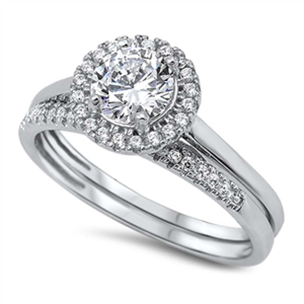 Sterling Silver Round Shaped Cubic Zirconia Wedding Ring SetsAnd Width Of Two Rings 2mmAnd Face Height 9mm