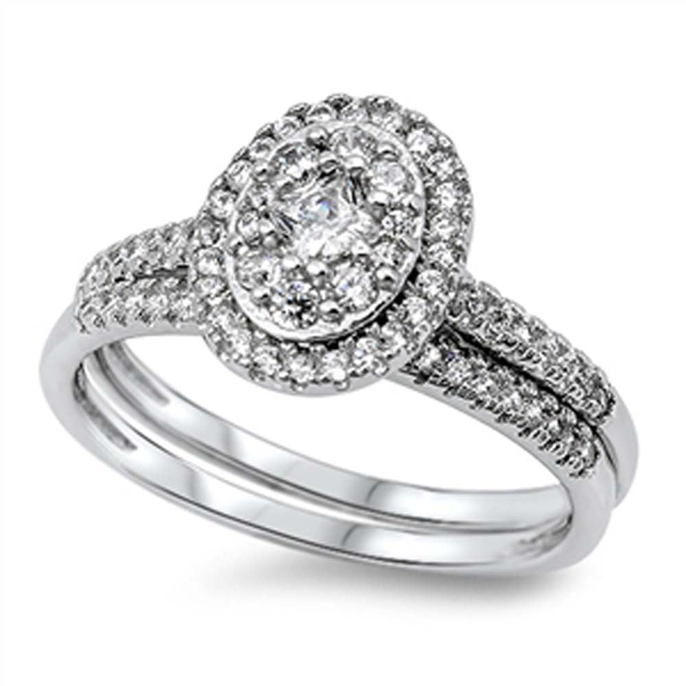 Sterling Silver Elegant 2-Pieces Engagement Ring Inlaid with Clear Czs and Centered Paved Oval Shaped DesignAnd Band Width of 2MM