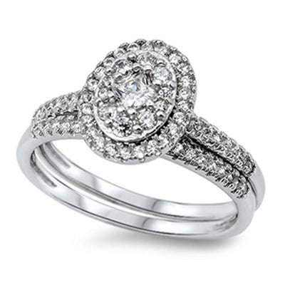Sterling Silver Elegant 2-Pieces Engagement Ring Inlaid with Clear Czs and Centered Paved Oval Shaped DesignAnd Band Width of 2MM