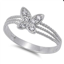 Load image into Gallery viewer, Sterling Silver Fancy Butterfly with Clear Czs Inlaid Open Cut Twisted Wire Band Ring with Face Height of 8MM