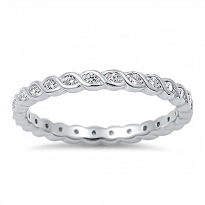 Sterling Silver Twisted Eternity Band Ring Embedded with Clear Cz Stone, Band Width of 2MM