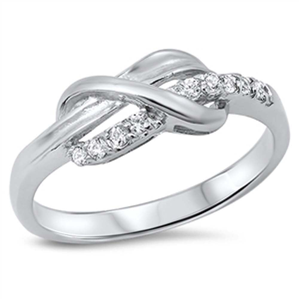 Sterling Silver Fancy Infinity Knot Design Inlaid with Clear Czs RingAnd Face Height of 7MM