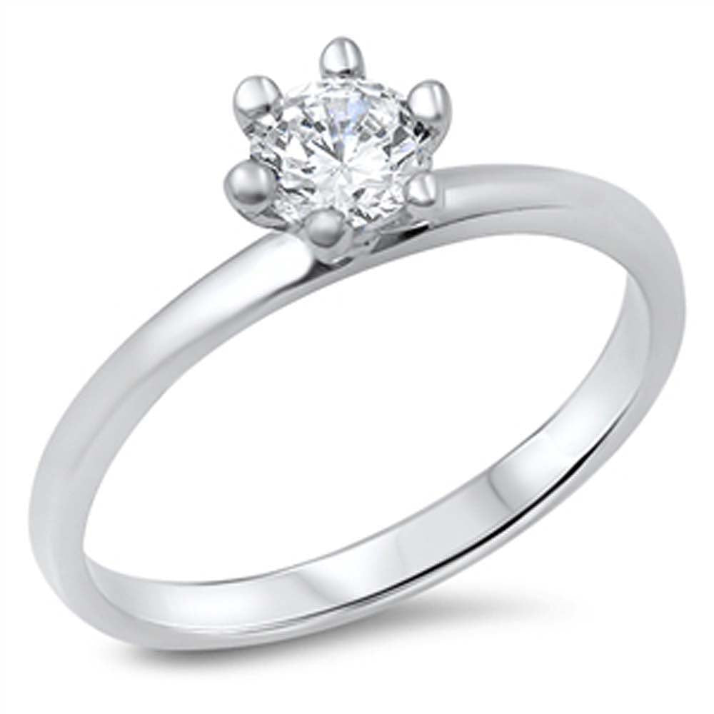Sterling Silver Classy Solitaire 6 Prongs Set with Round Cut Clear Cz Ring, Face Height of 7MM