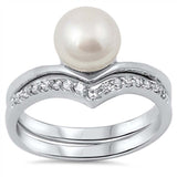Sterling Silver Elegant Freshwater White Pearl Two-Pieces Chevron Band Engangement Ring Inlaid with Clear CzsAnd Band Width of 10MM