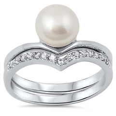 Sterling Silver Elegant Freshwater White Pearl Two-Pieces Chevron Band Engangement Ring Inlaid with Clear CzsAnd Band Width of 10MM