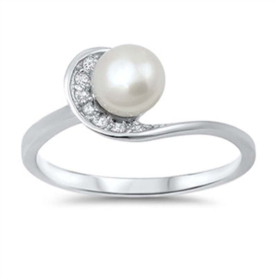 Sterling Silver Bypass Band Design Inlaid with Clear Czs and Centered Freshwater Pearl, Face Height of 9MM