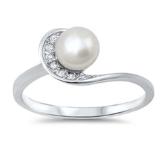 Sterling Silver Bypass Band Design Inlaid with Clear Czs and Centered Freshwater Pearl, Face Height of 9MM
