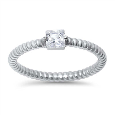 Sterling Silver Classy Princess Cut Clear Cz Twisted Band Ring with Face Height of 4MM