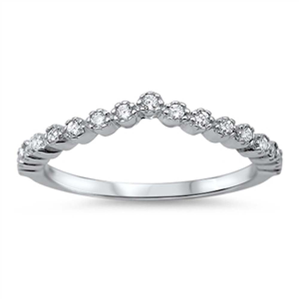 Sterling Silver Fancy Chevron Style Starckable Band Ring Set with Round Cut Clear CzsAnd Face Height of 4MM