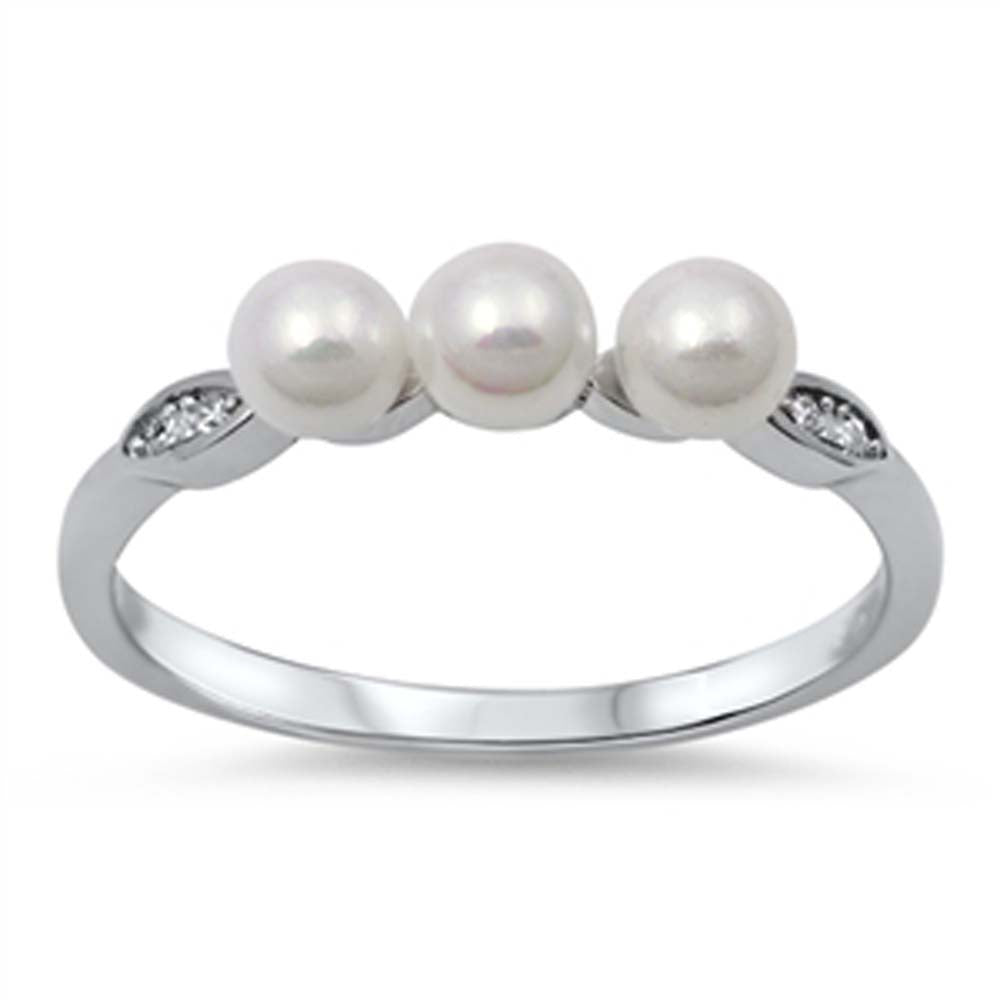 Sterling Silver Simulated Pearl And Cubic Zirconia Ring