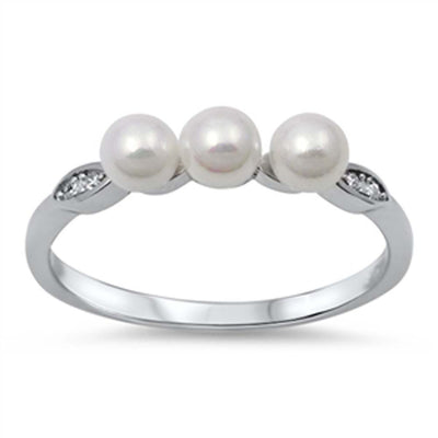 Sterling Silver Simulated Pearl And Cubic Zirconia Ring