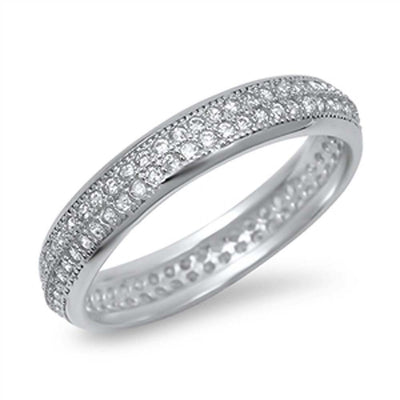 Sterling Silver Double Row Micro Paved Clear Czs Eternity Band Ring with Band Width of 4MM